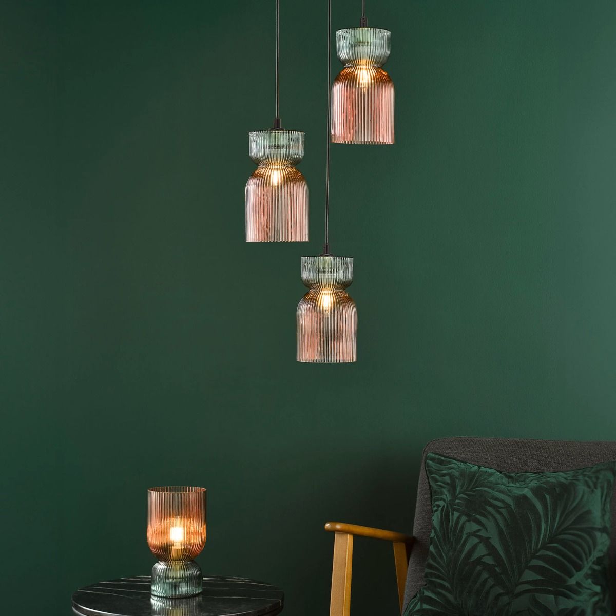 Rhubarb 3 Light Cluster Pendant Pink and Green Ribbed Glass