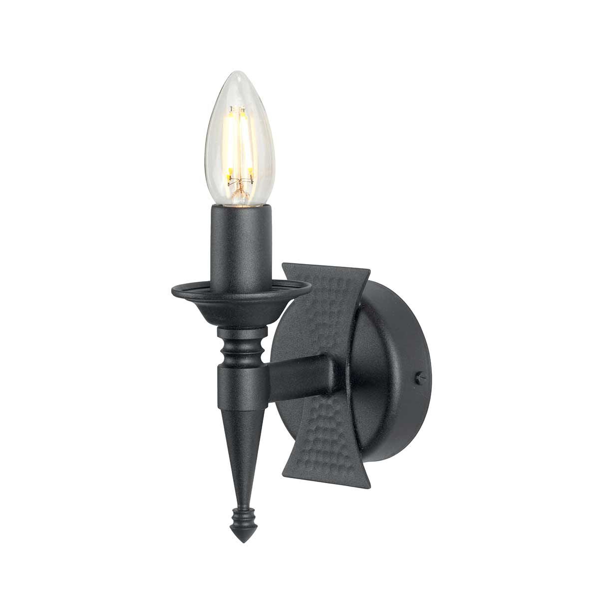Saxon Single Candle-Style Wall Light in Black Wrought Iron