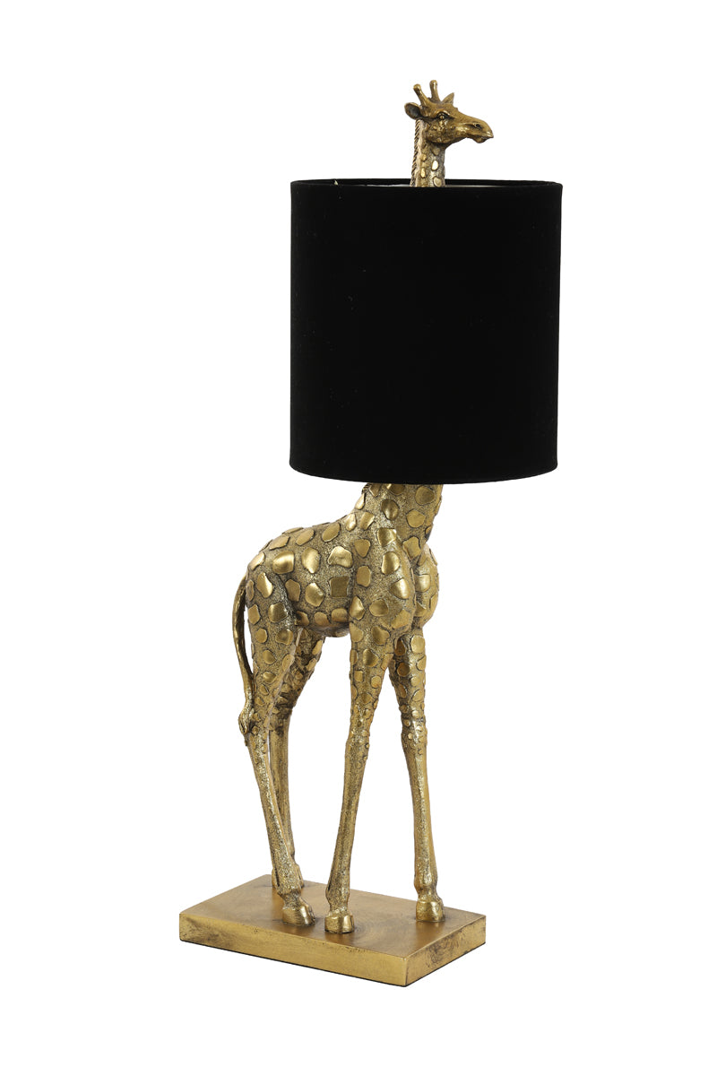 Antique Bronze Giraffe Table Lamp with Velvet Black Shade, 26x16x61 cm