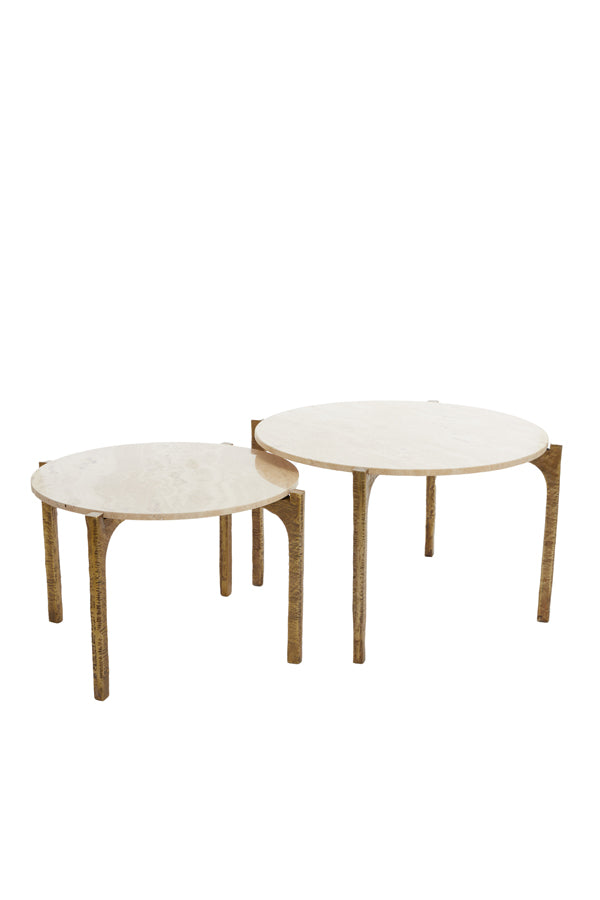 Set of 2 Elegant Kanae Coffee Tables in Travertine Sand and Antique Bronze