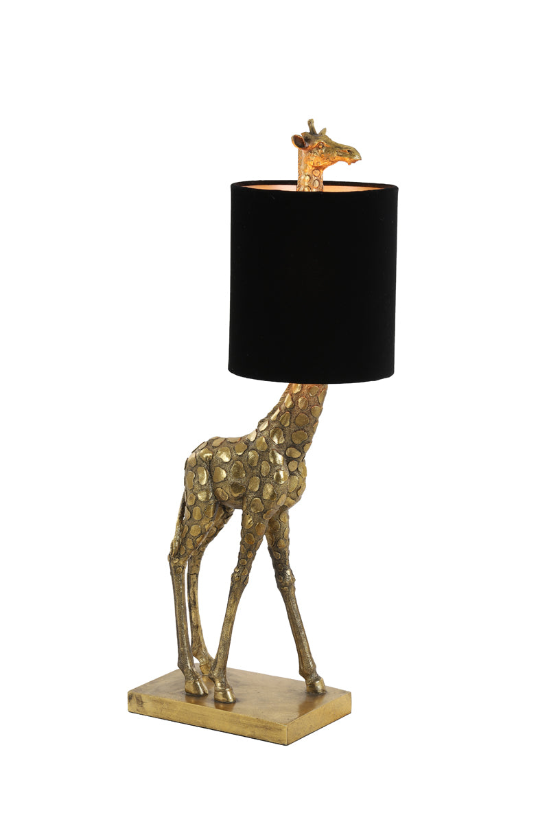 Antique Bronze Giraffe Table Lamp with Velvet Black Shade, 26x16x61 cm