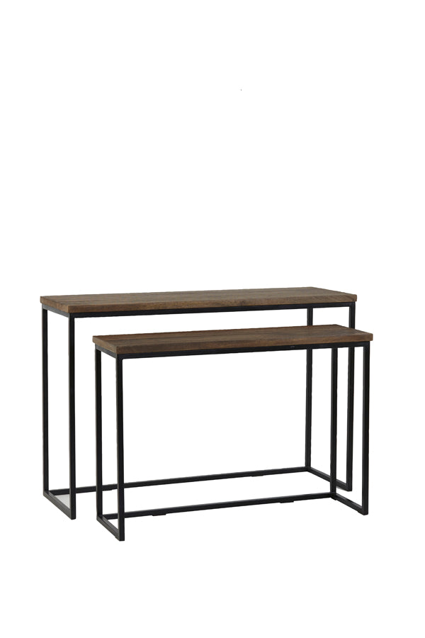 Rustic Modern Dual Console Set in Warm Wood Tones and Black Metal 100x30x70+120x40x82 cm