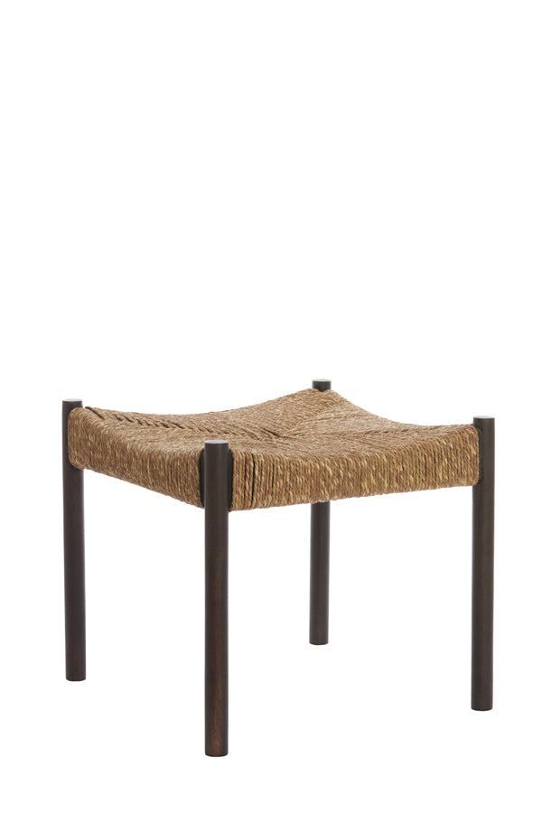 Rustic Delis Wooden Stool with Seagrass Accent, 44x44x40 cm, Dark Brown Finish