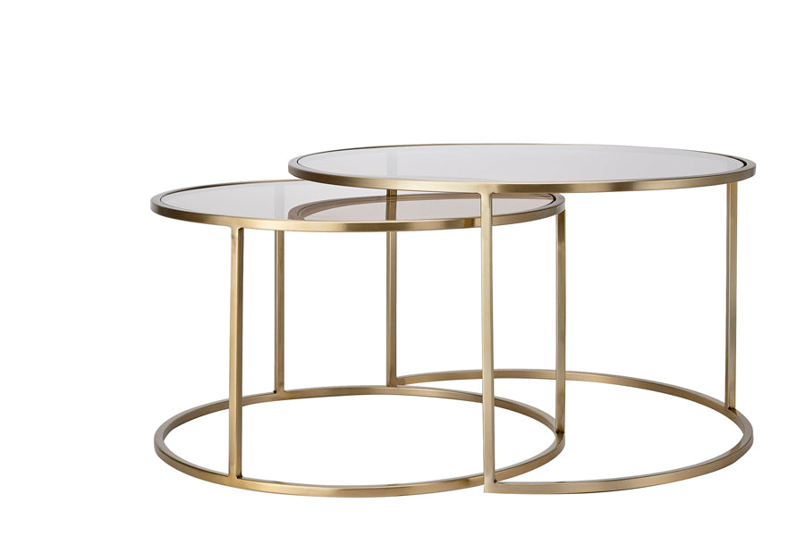 Duarte Round Glass Nesting Coffee Tables – Brown Glass & Gold Finish (Set of 2, Ø65x39cm + Ø75x44cm)