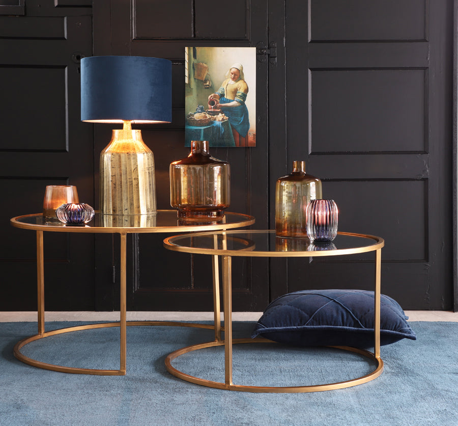 Elegant Nesting Coffee Tables with Gold Accents and Glass Tops (Set of 2) - Diameter 65x39 cm & 75x44 cm