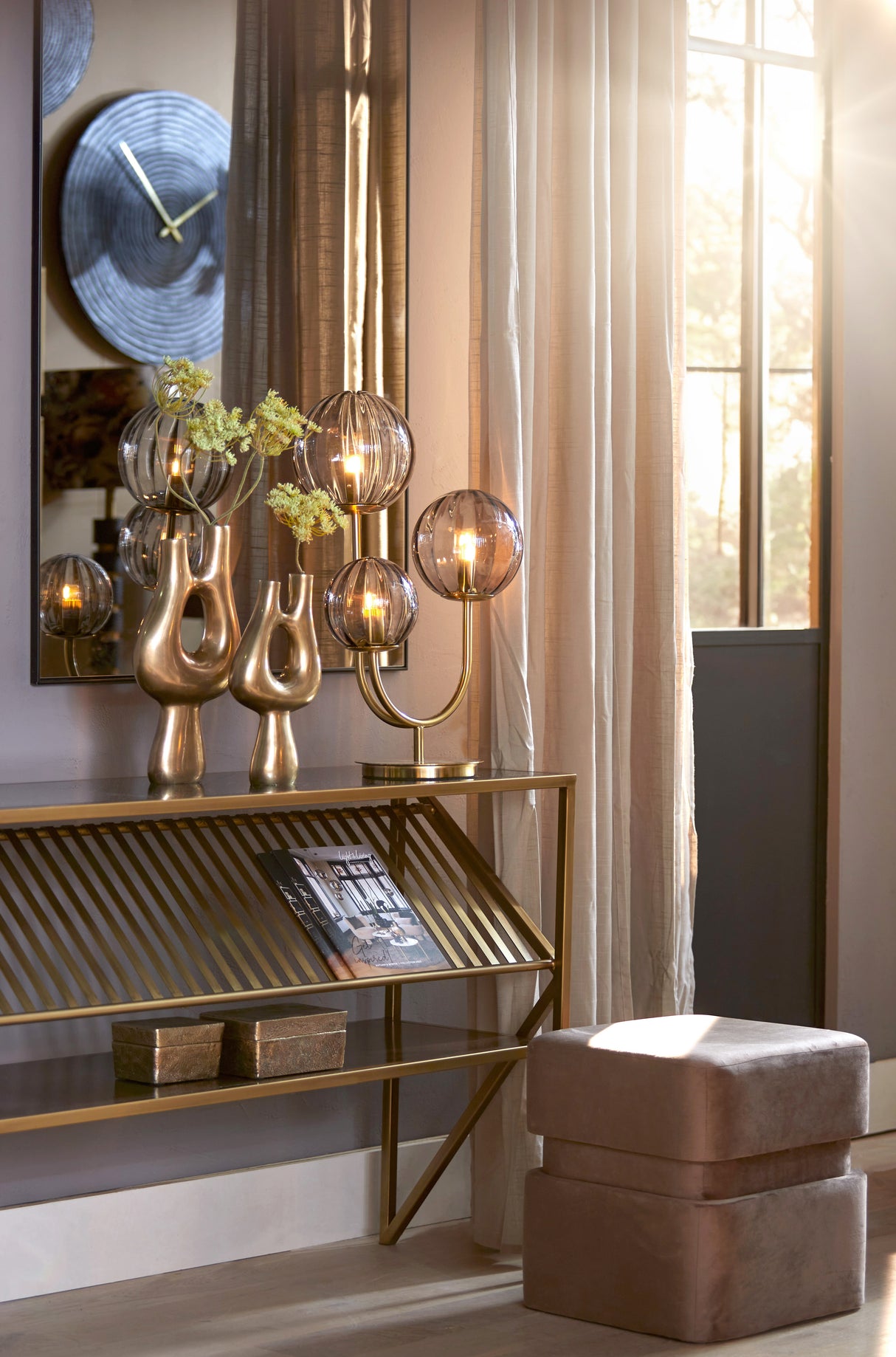 Ezra Console Table 120x40x80 cm - Smoked Glass & Antique Bronze Finish