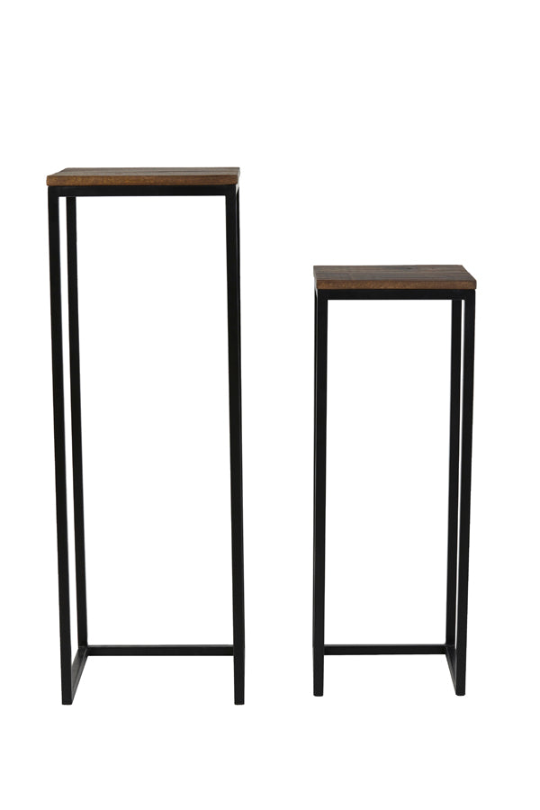 Set of Two Bryson Wood Pillars in Brown-Black Finish, Sizes 30x30x83 cm and 36x36x103 cm