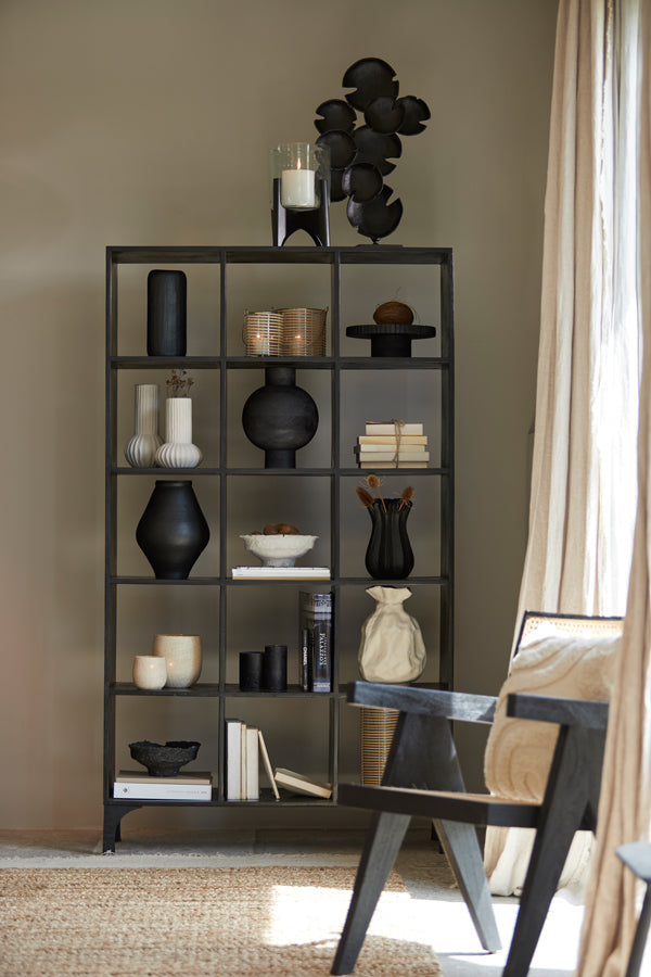 Sleek Black Wood Cabinet with Open Shelving – 106x35x190 cm Rayna Collection