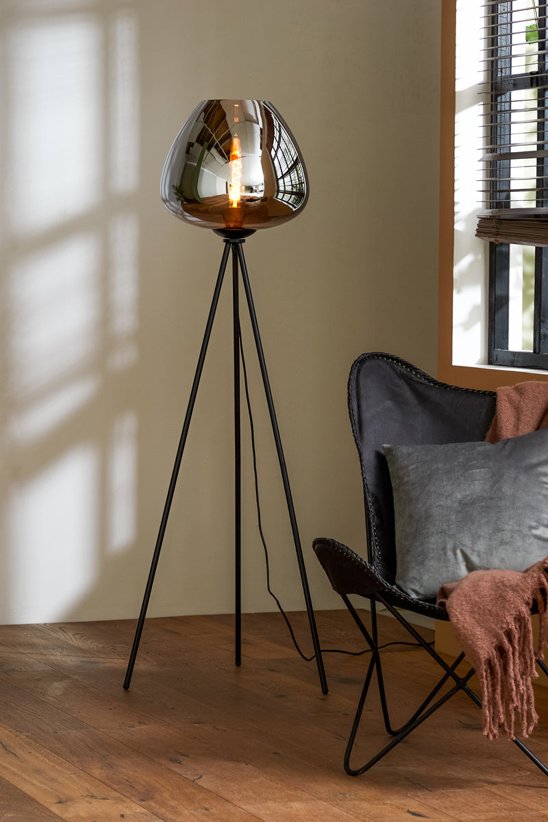 Tripod Floor Lamp with Smoked Glass Shade and Matte Black Finish, Ø42x146 cm Mayson