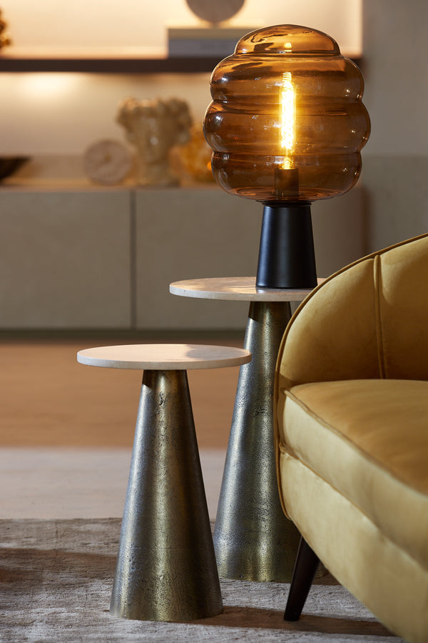 Round Ynez Side Table in Travertine Sand with Antique Bronze Base - 36x51 cm