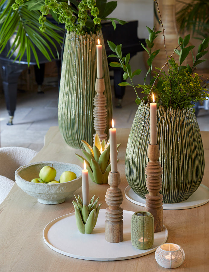 Cactus-Inspired Ceramic Candle Holder in Soft Green, Ø11.5x11.5 cm