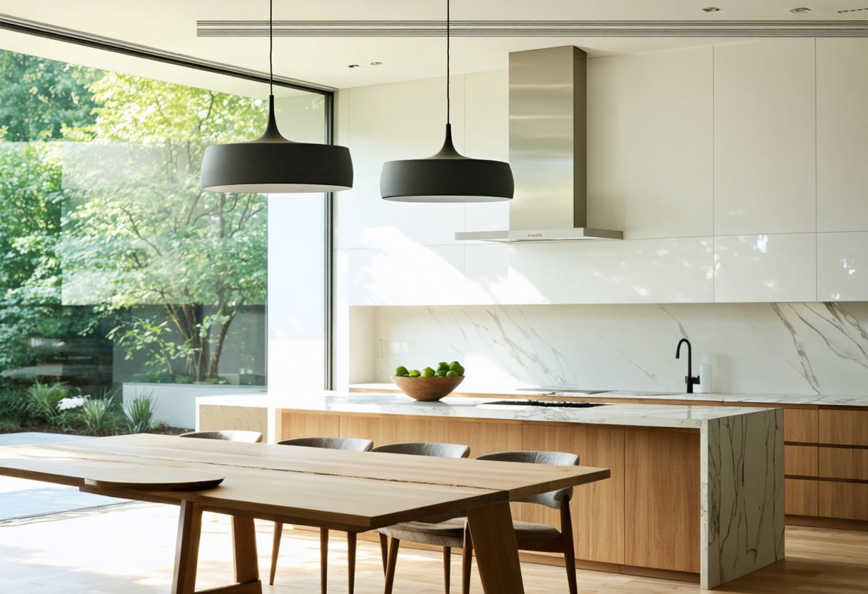 Modern kitchen with large windows and sleek black pendant lights – choosing a pendant light for stylish interiors