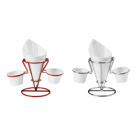 Red Metal French Fry Cone With 2 Dip Dishes