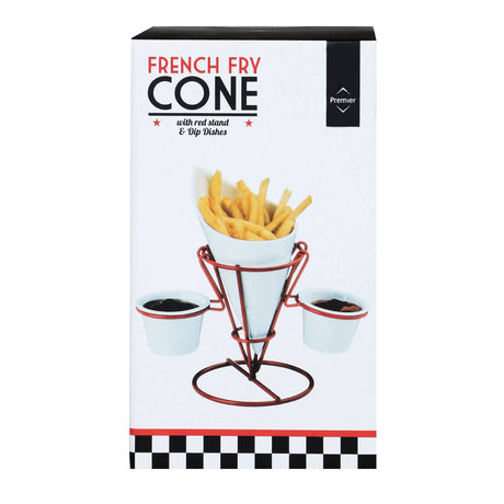 Red Metal French Fry Cone With 2 Dip Dishes