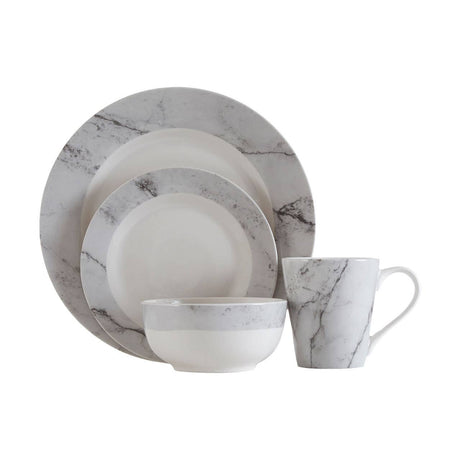 16 Pc White And Grey Marble Effect Dinner Set