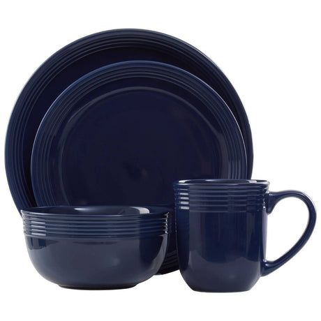 16 Piece Dark Blue Stoneware Dinner Set With Grooves