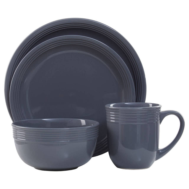 16 Piece Dark Grey Stoneware Dinner Set With Grooves
