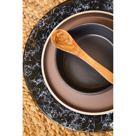 Twelve Piece Brown Stoneware Dinner Set With White Rim