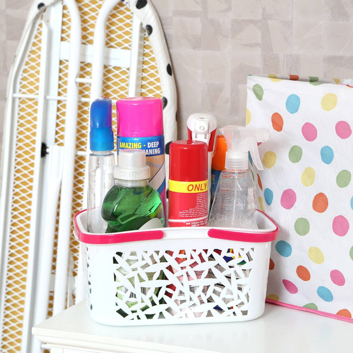 White And Hot Pink Plastic Storage Basket