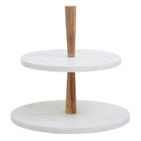 Two Tier White Marble And Acacia Wood Cake Stand