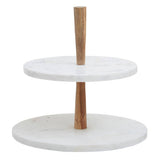 Two Tier White Marble And Acacia Wood Cake Stand