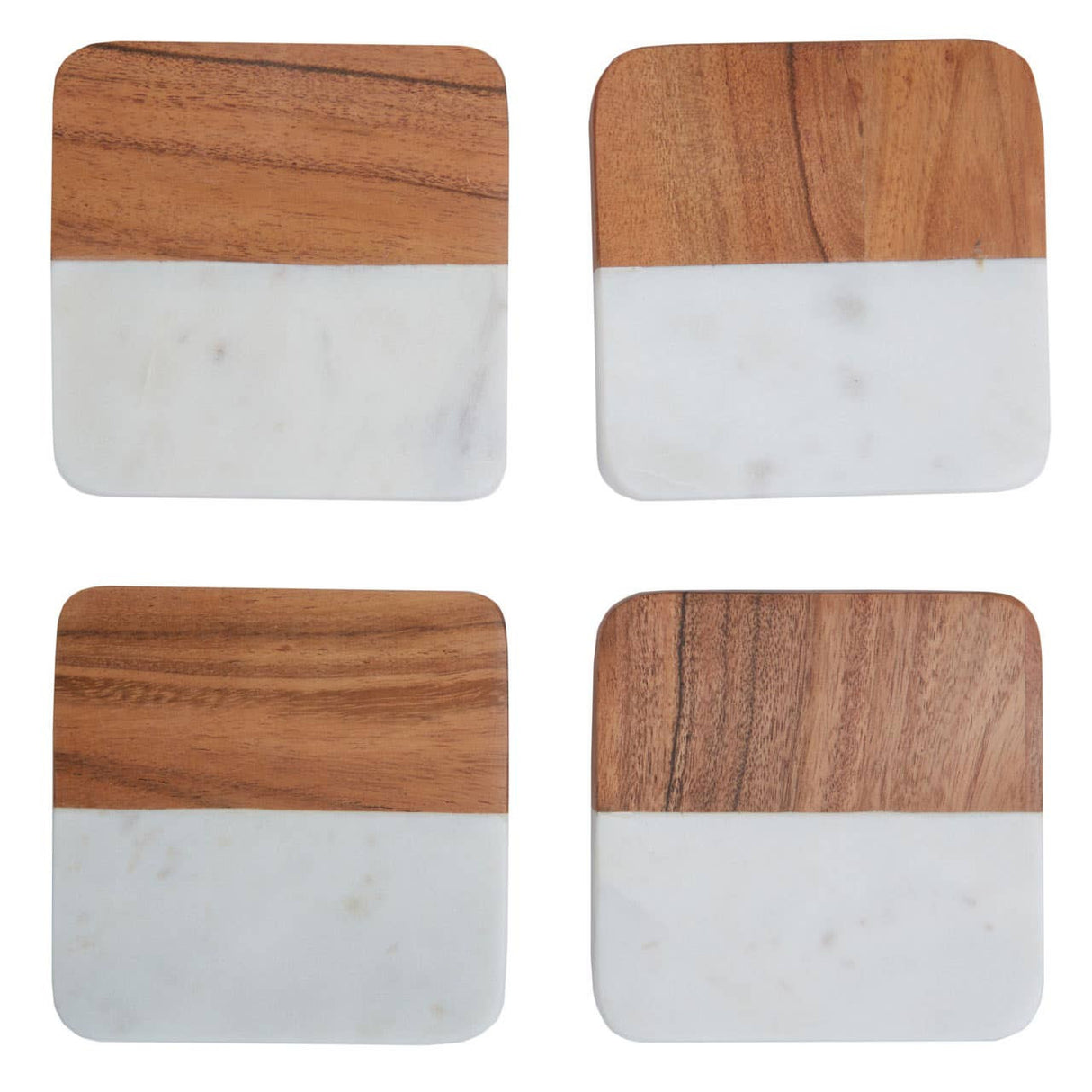 Set Of Four White Marble And Acacia Coasters