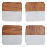 Set Of Four White Marble And Acacia Coasters