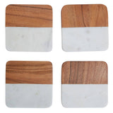 Set Of Four White Marble And Acacia Coasters