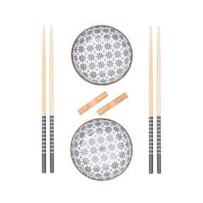 6pc White Ceramic and Wood Sushi Set