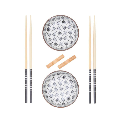 6pc White Ceramic and Wood Sushi Set