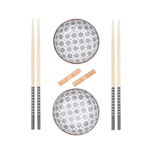6pc White Ceramic and Wood Sushi Set