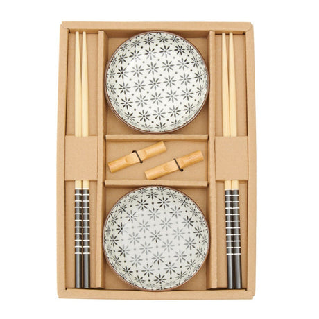 6pc White Ceramic and Wood Sushi Set
