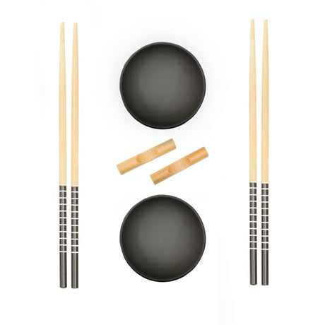 6pc Black Ceramic and Wood Sushi Set