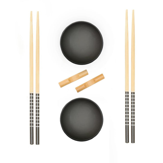 6pc Black Ceramic and Wood Sushi Set