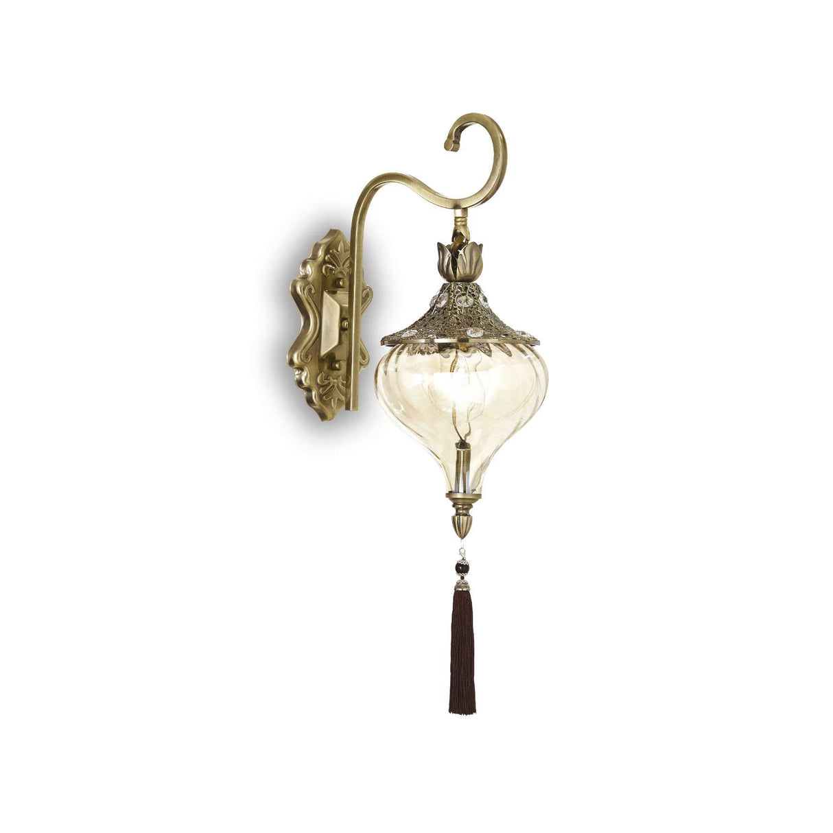 Moroccan Elegance Wall Sconce with Amber Glass and Ruby Tassel