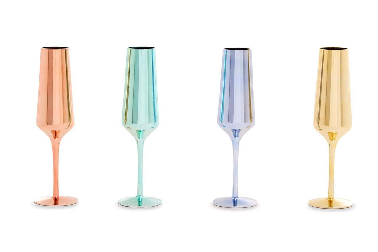 Set Of Four Glass Champagne Flutes In Assorted Colours
