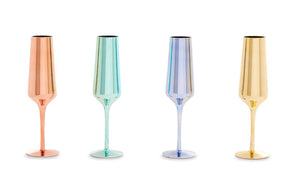 Set Of Four Glass Champagne Flutes In Assorted Colours