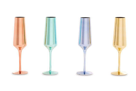Set Of Four Glass Champagne Flutes In Assorted Colours