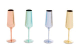 Set Of Four Glass Champagne Flutes In Assorted Colours