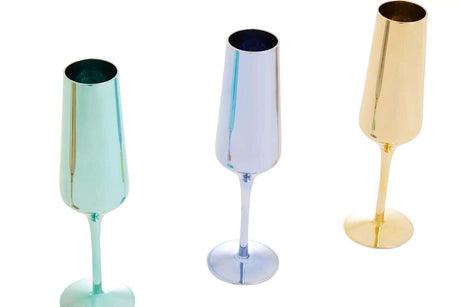 Set Of Four Glass Champagne Flutes In Assorted Colours