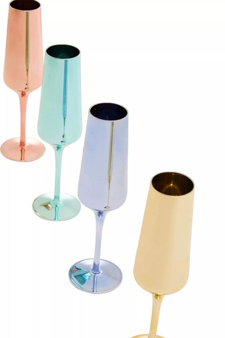Set Of Four Glass Champagne Flutes In Assorted Colours