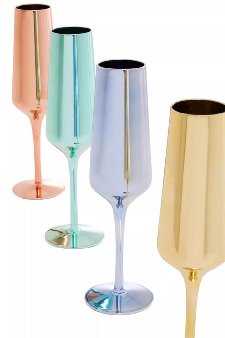Set Of Four Glass Champagne Flutes In Assorted Colours