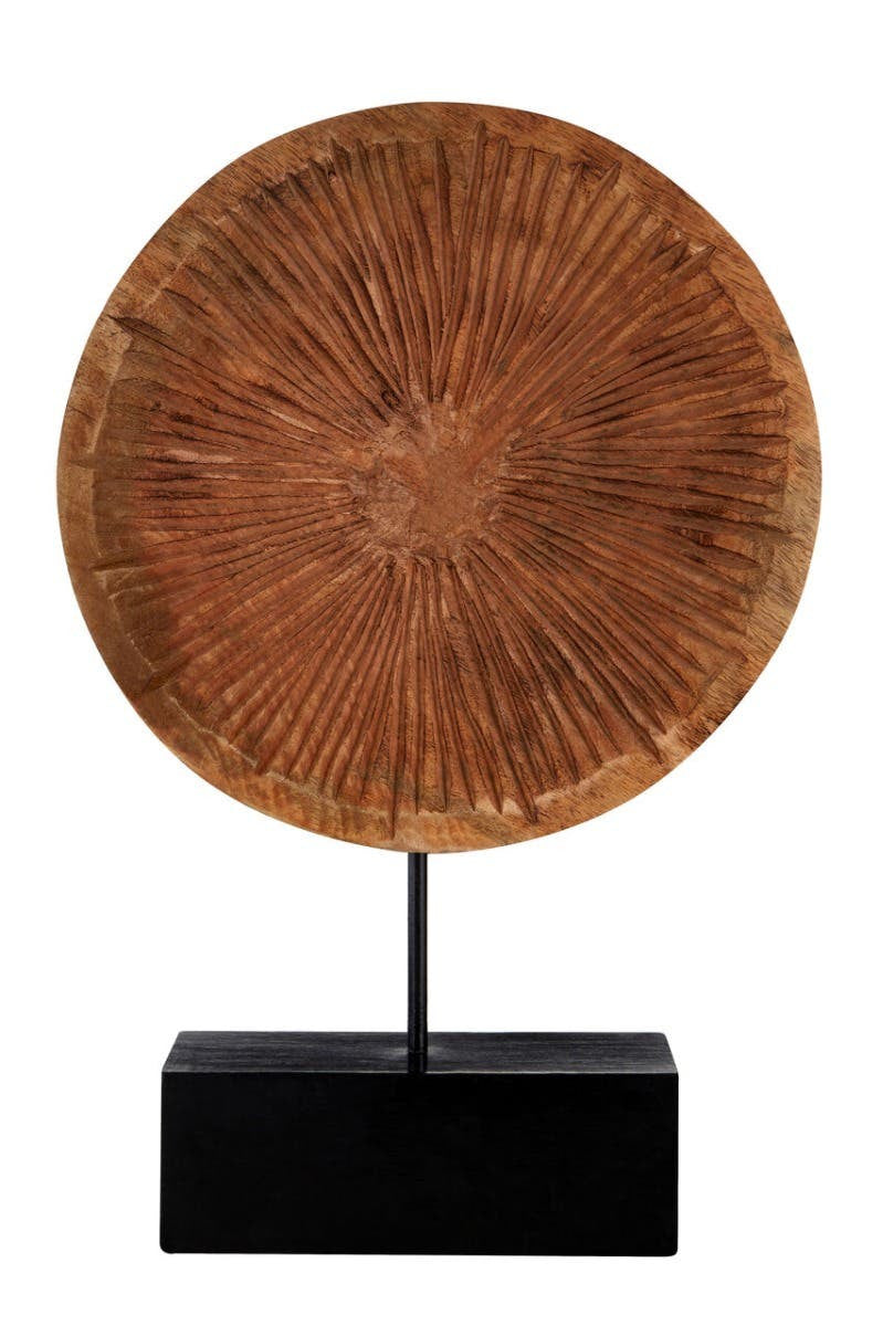 Fidel Large Carved Mango Wood Disc on Stand Sculpture