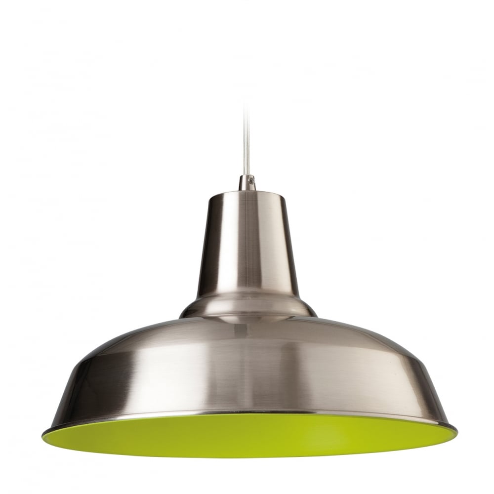 Contemporary Bistro Brushed Steel Pendant Light with Green Interior