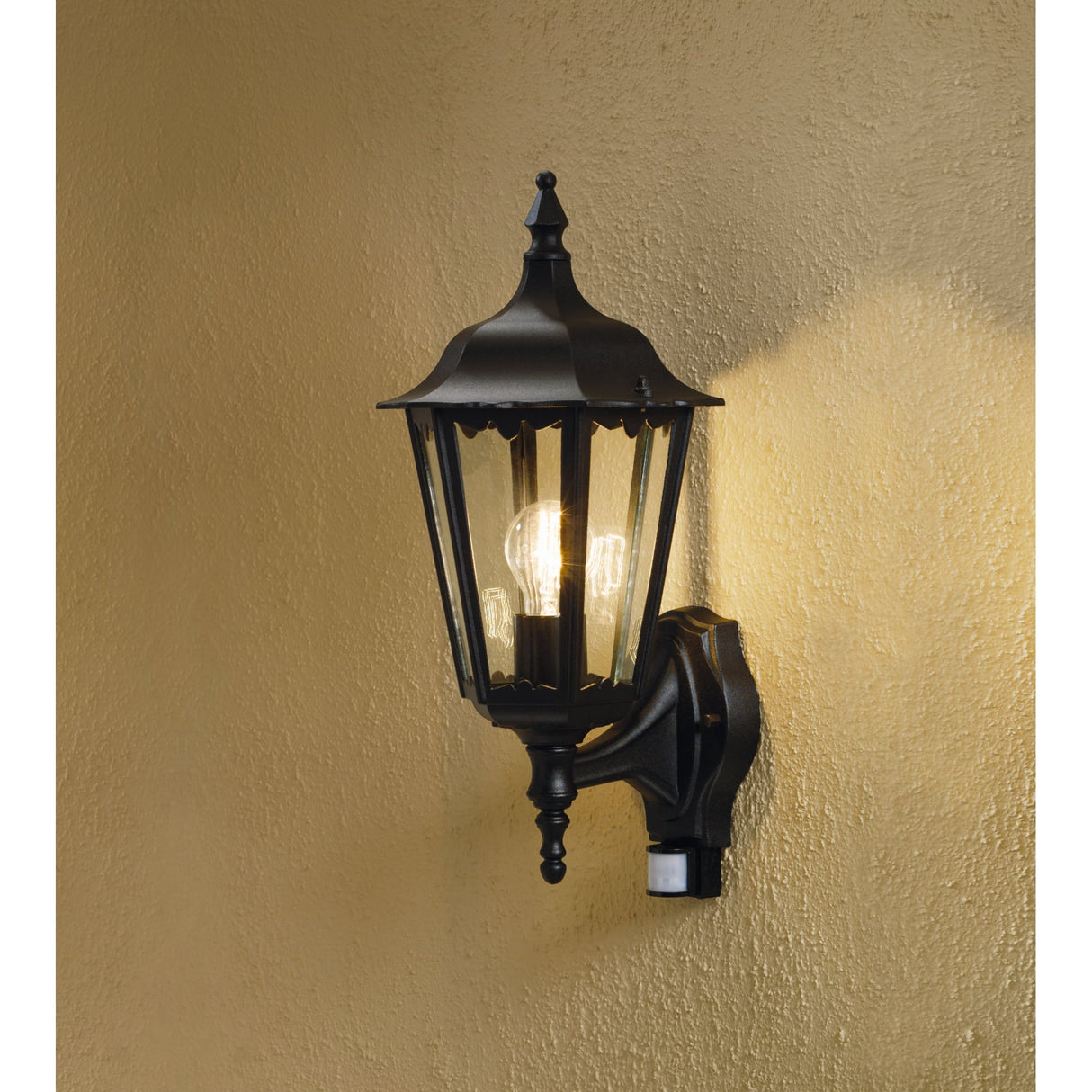 Stately Firenze Black Wall Lantern with PIR Sensor - Elegant Upturned Design