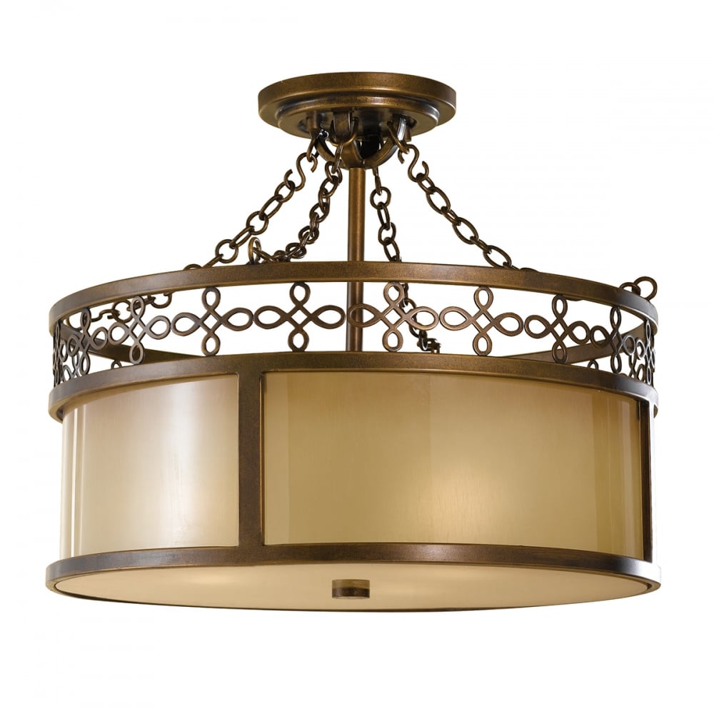 Rustic Bronze Scrollwork Ceiling Light with Hand-Painted Amber Glass