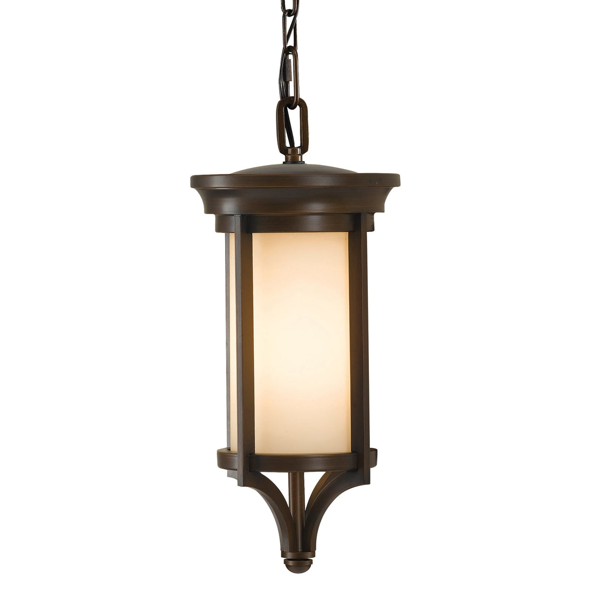Heritage Bronze Geometric Hanging Lantern with Amber-Tinted Etched Glass