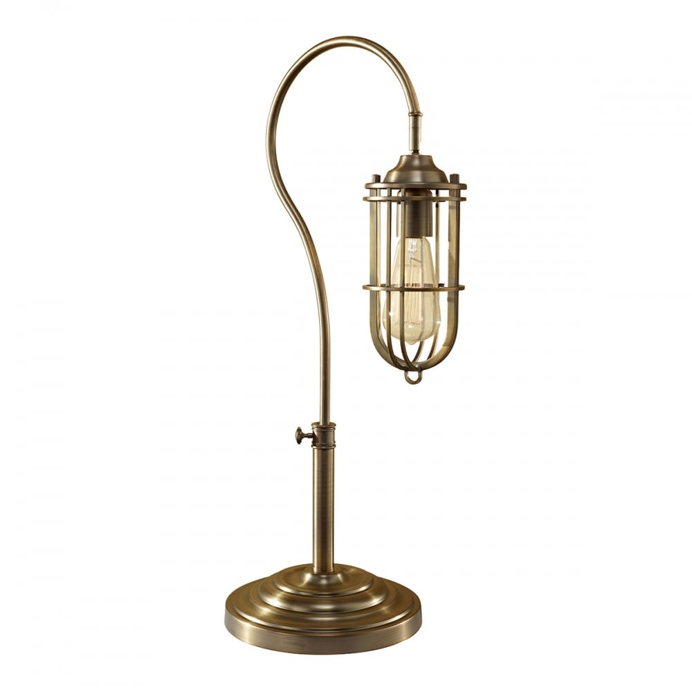 Antique Brass Swan Neck Table Lamp with Vintage Miners Cage Design