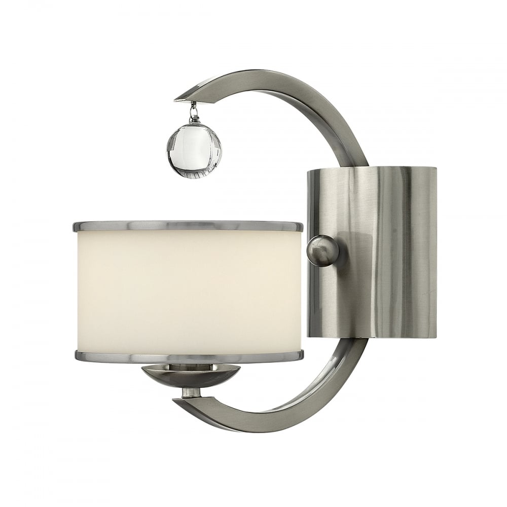 Monaco Brushed Nickel C-Arm Wall Light with Etched Opal Glass and Crystal Accent