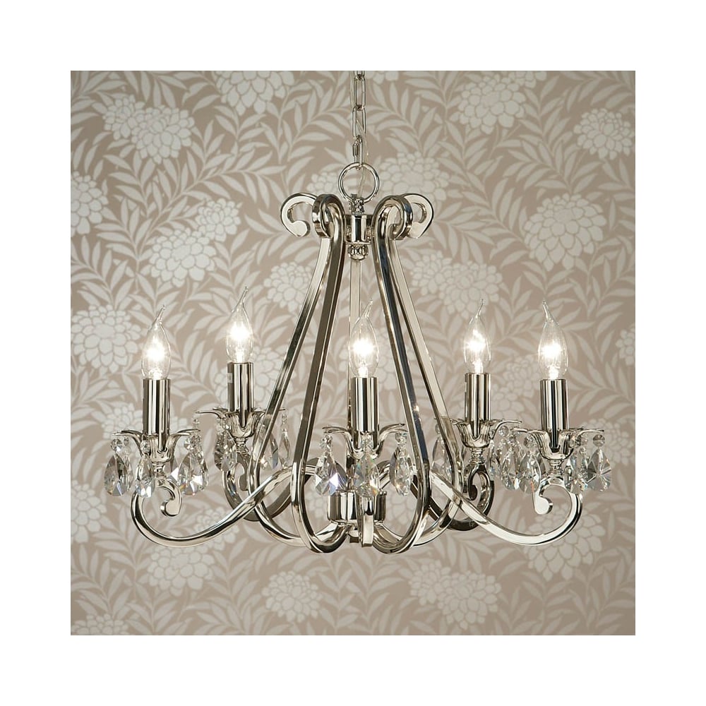 Oksana Elegance: 5-Light Polished Nickel Chandelier with Crystal Accents